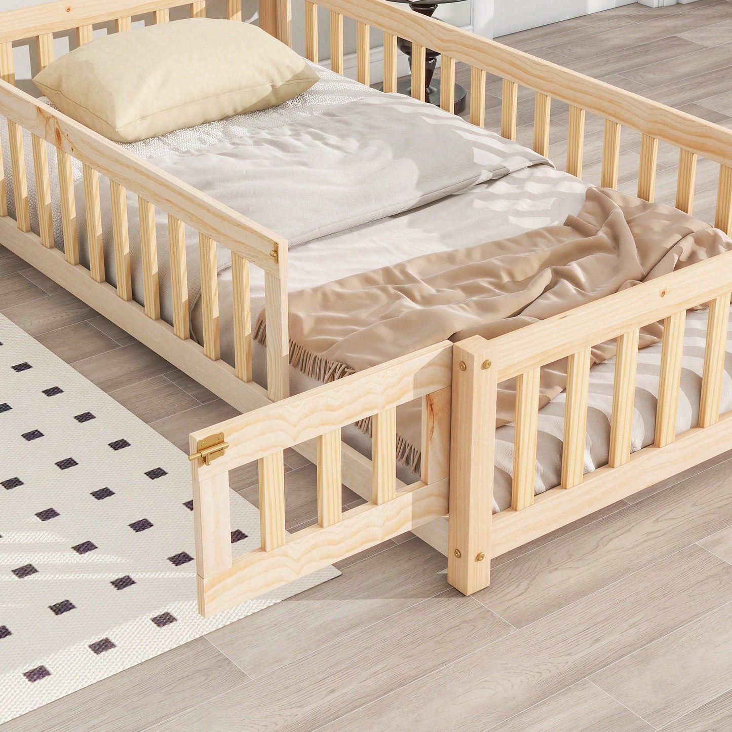 Twin House-Shaped Headboard Floor Bed With Safety Fence In White