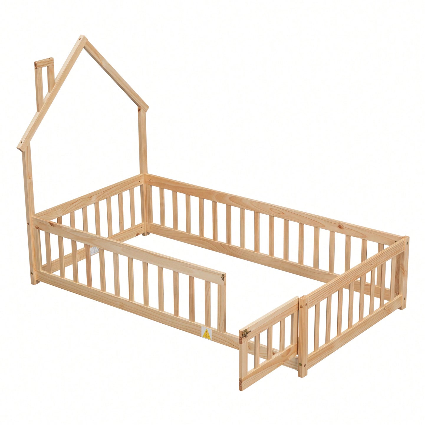 Twin House-Shaped Headboard Floor Bed With Safety Fence In White