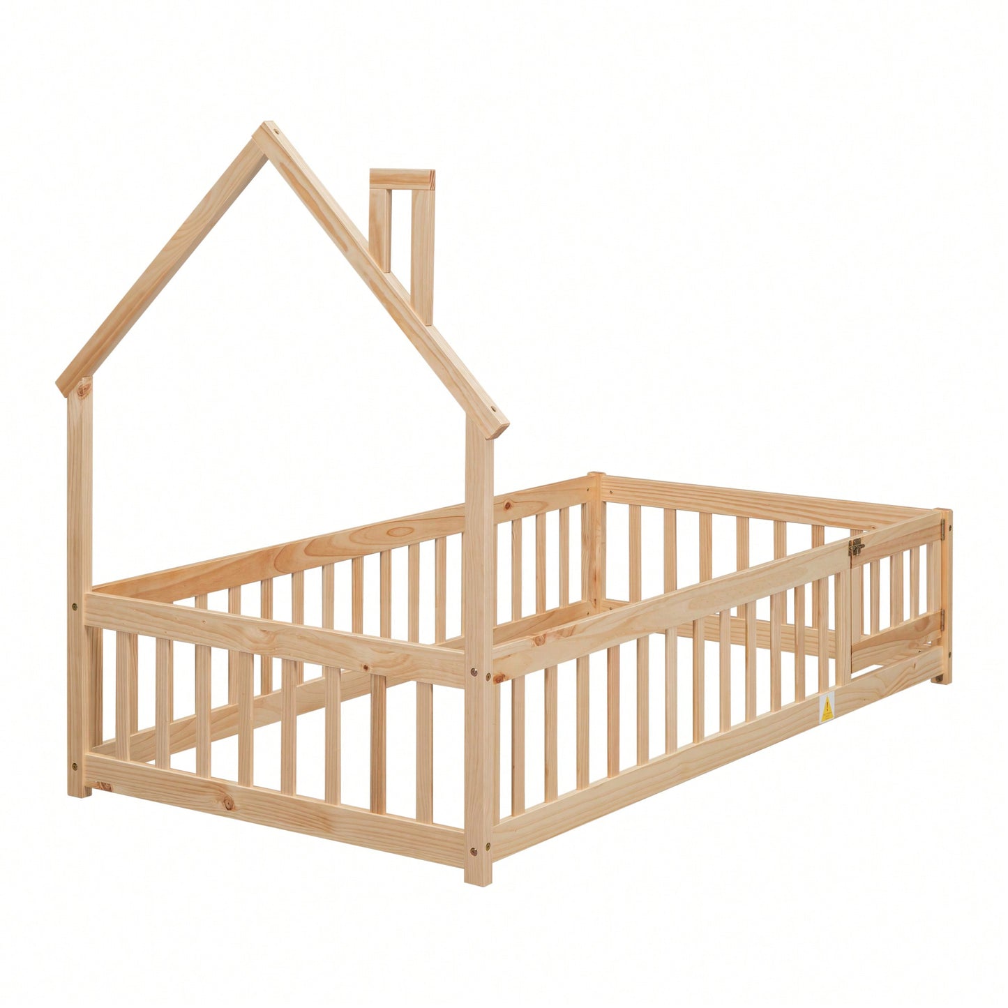 Twin House-Shaped Headboard Floor Bed With Safety Fence In White