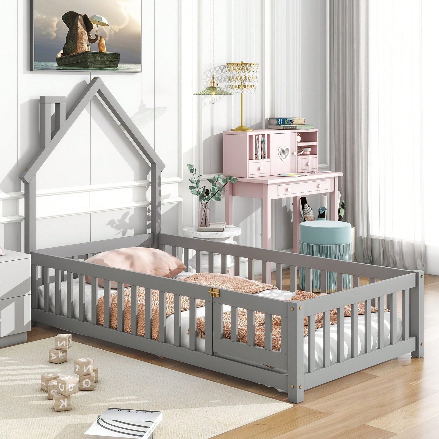 Twin House-Shaped Headboard Floor Bed With Safety Fence In White