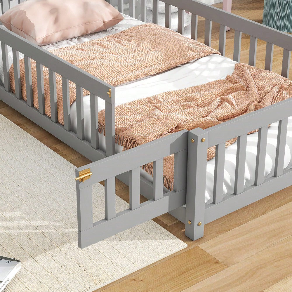 Twin House-Shaped Headboard Floor Bed With Safety Fence In White
