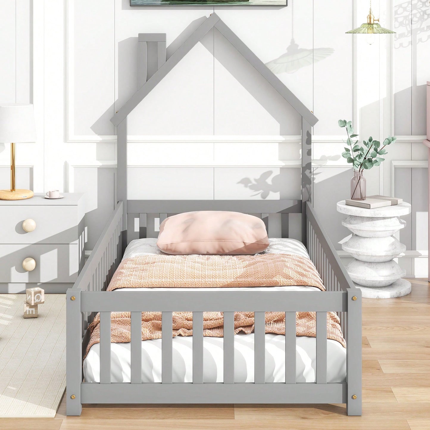 Twin House-Shaped Headboard Floor Bed With Safety Fence In White