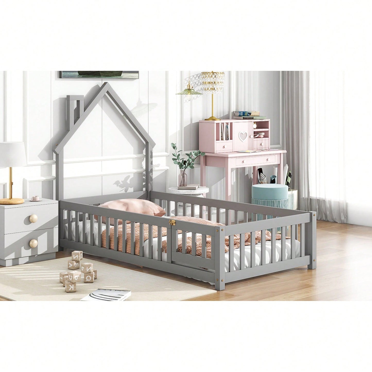 Twin House-Shaped Headboard Floor Bed With Safety Fence In White