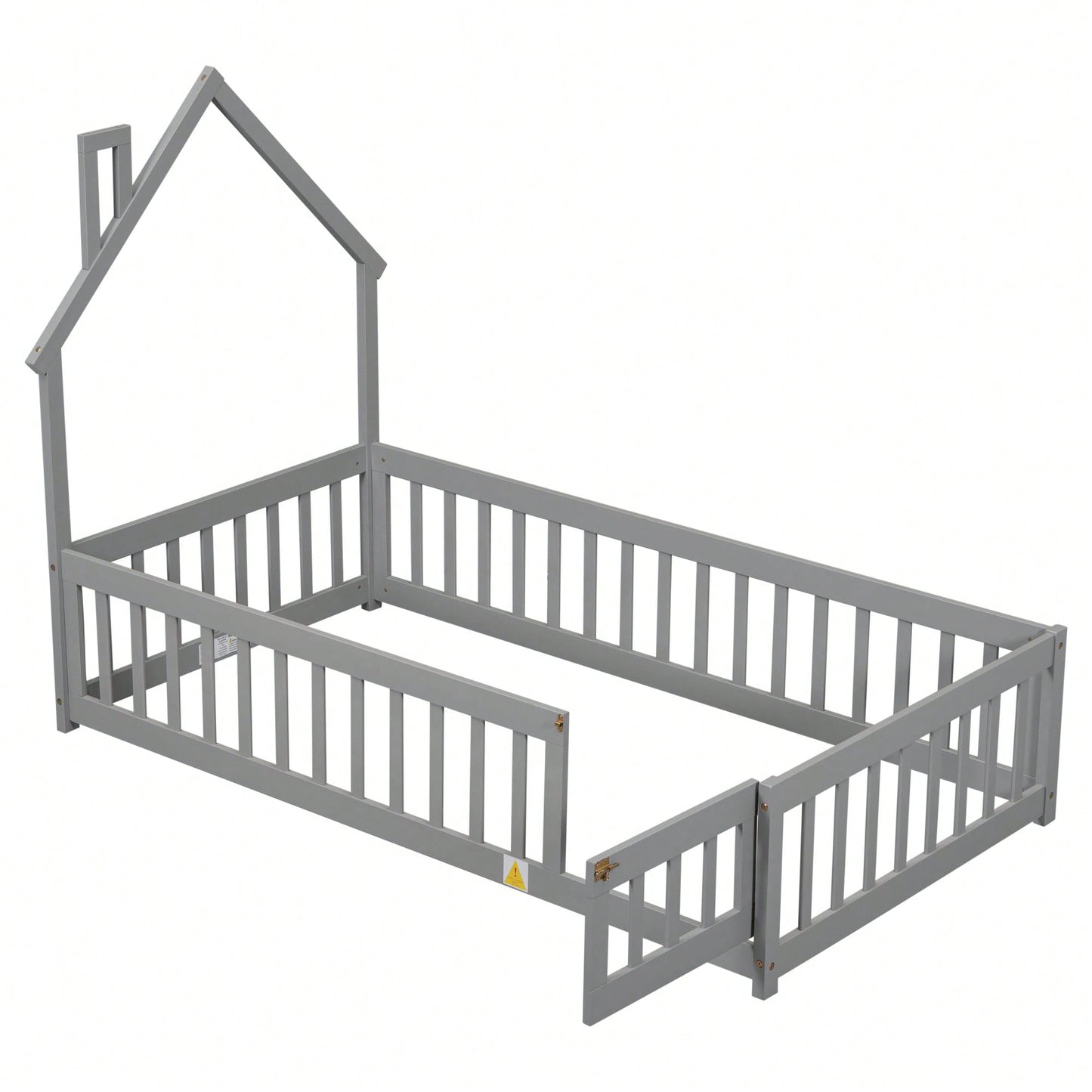 Twin House-Shaped Headboard Floor Bed With Safety Fence In White