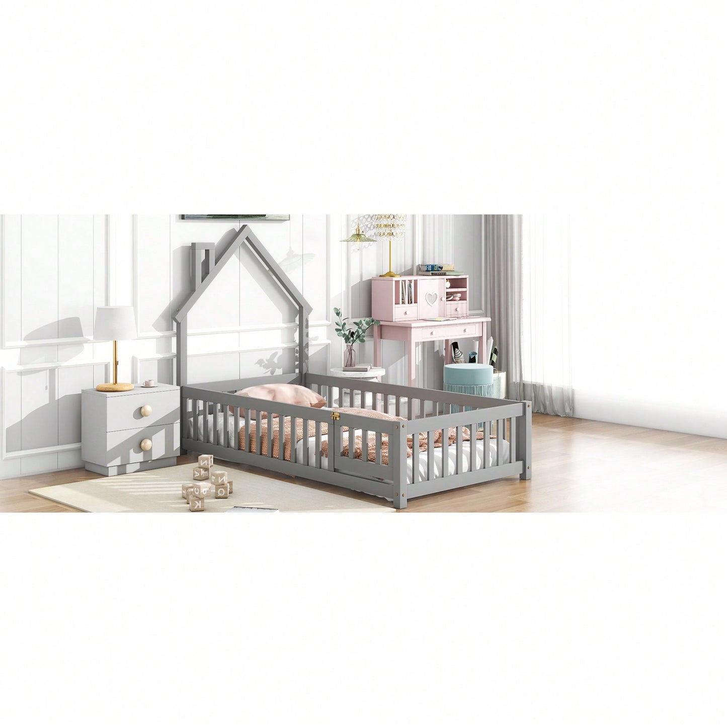 Twin House-Shaped Headboard Floor Bed With Safety Fence In White