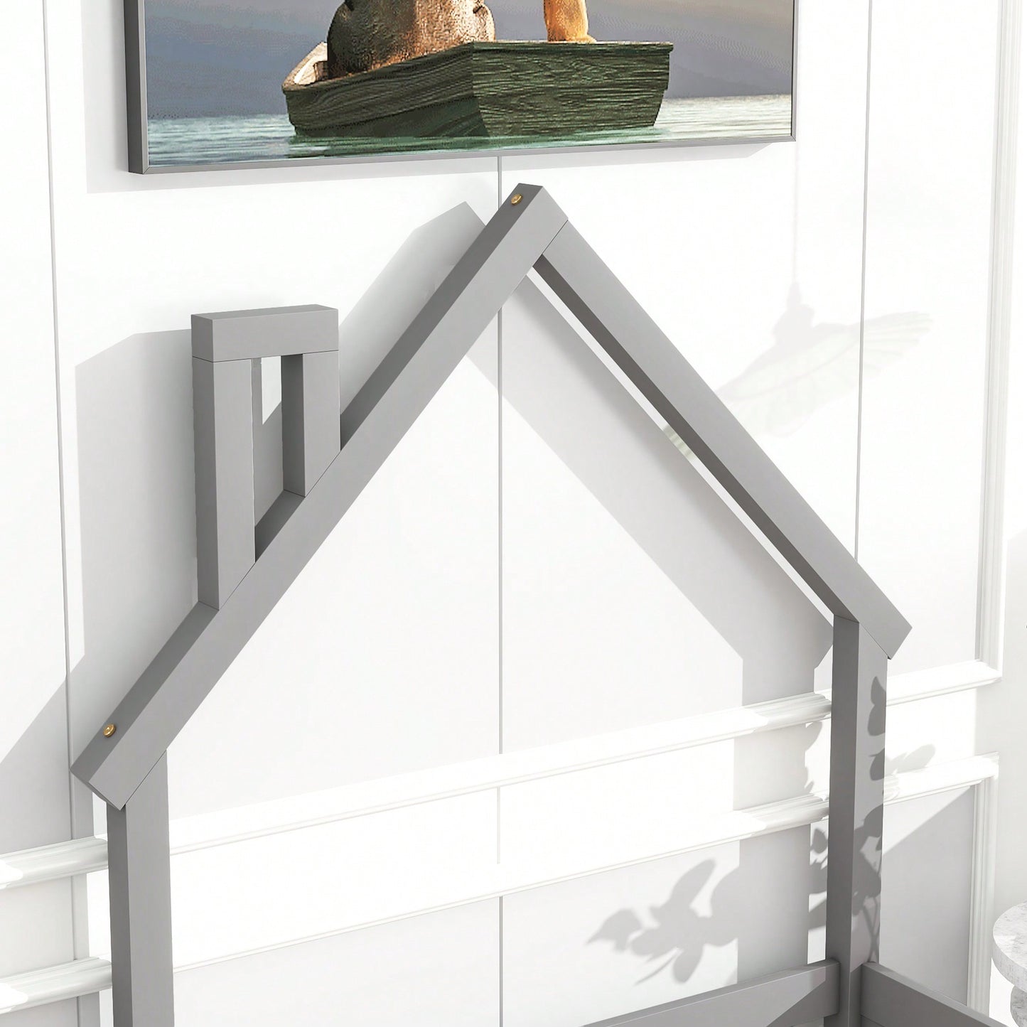 Twin House-Shaped Headboard Floor Bed With Safety Fence In White