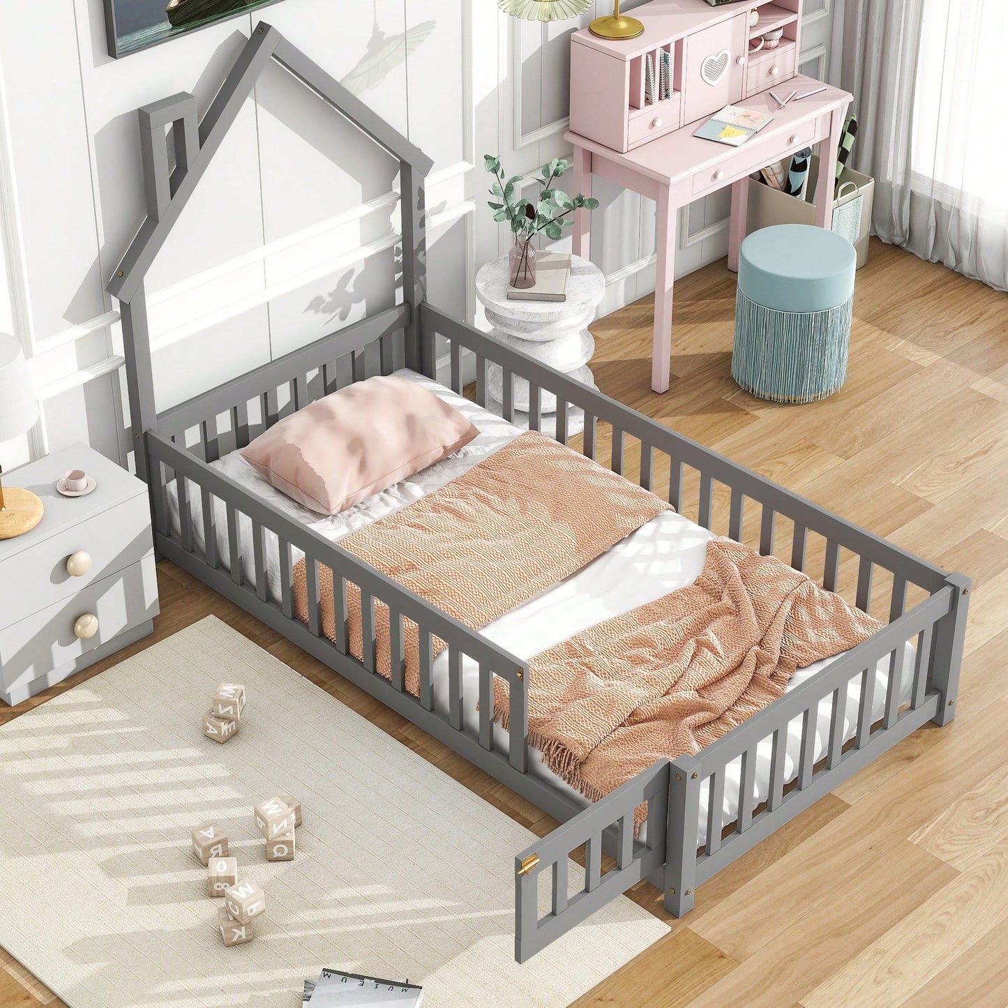 Twin House-Shaped Headboard Floor Bed With Safety Fence In White
