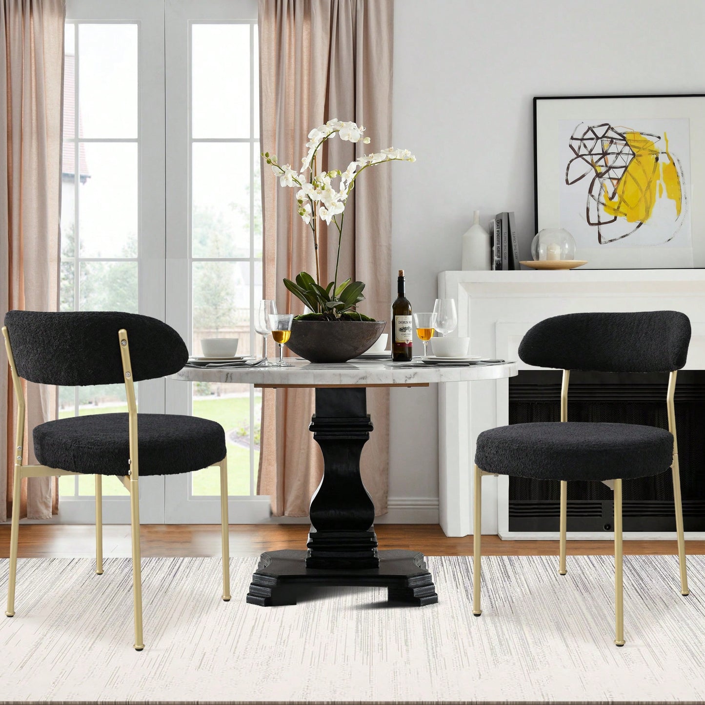 Curved Backrest Upholstered Dining Chairs With Gold Metal Legs Set Of 2 Black