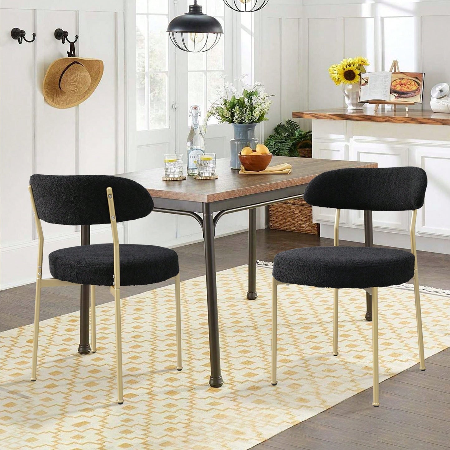 Curved Backrest Upholstered Dining Chairs With Gold Metal Legs Set Of 2 Black