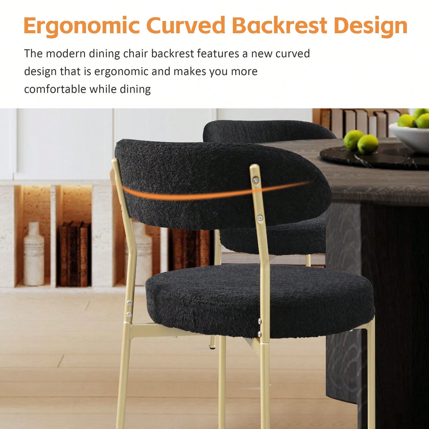 Curved Backrest Upholstered Dining Chairs With Gold Metal Legs Set Of 2 Black