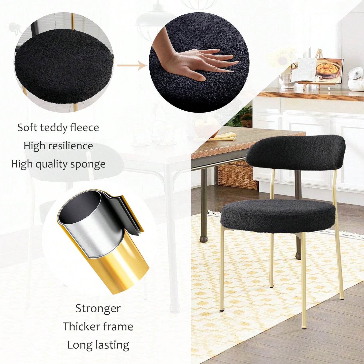 Curved Backrest Upholstered Dining Chairs With Gold Metal Legs Set Of 2 Black