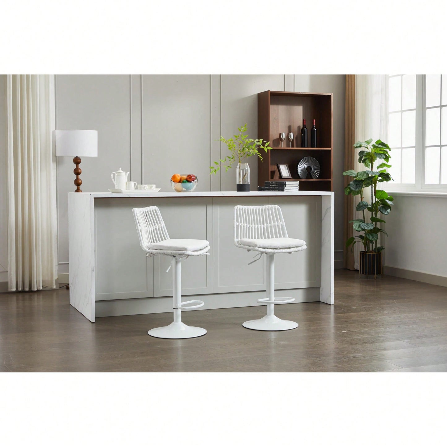 Set Of 2 360 Swivel Rattan Bar Stools With Footrest For Kitchen And Dining Room Counter Height Seating