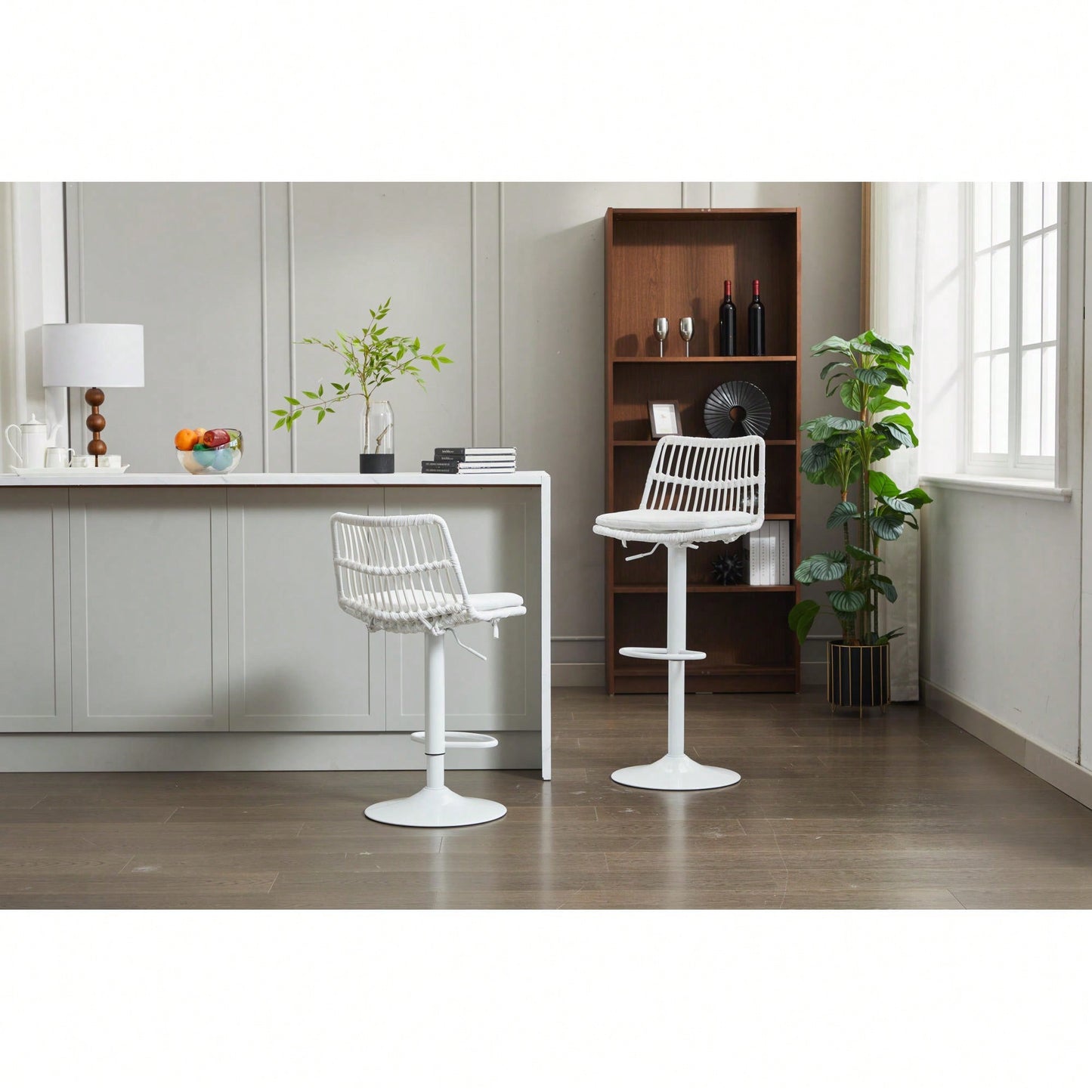 Set Of 2 360 Swivel Rattan Bar Stools With Footrest For Kitchen And Dining Room Counter Height Seating