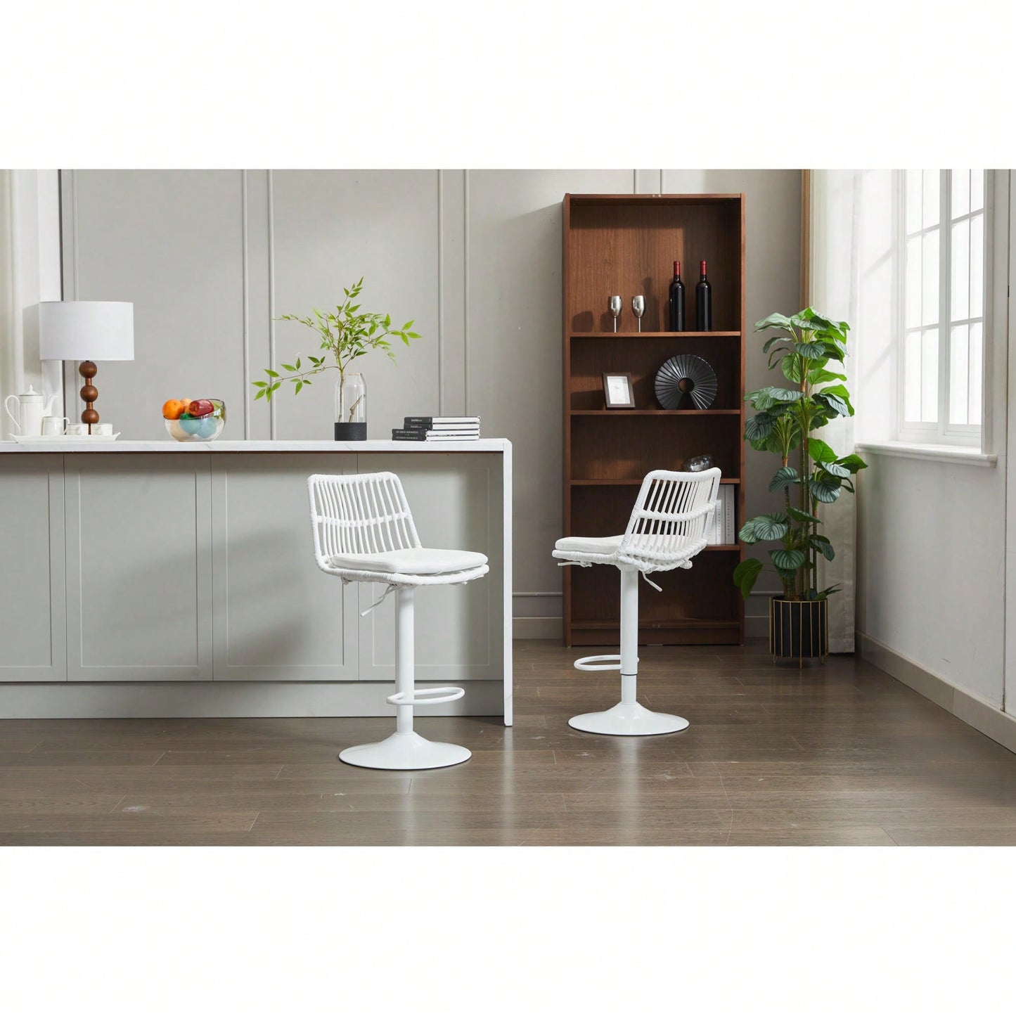 Set Of 2 360 Swivel Rattan Bar Stools With Footrest For Kitchen And Dining Room Counter Height Seating