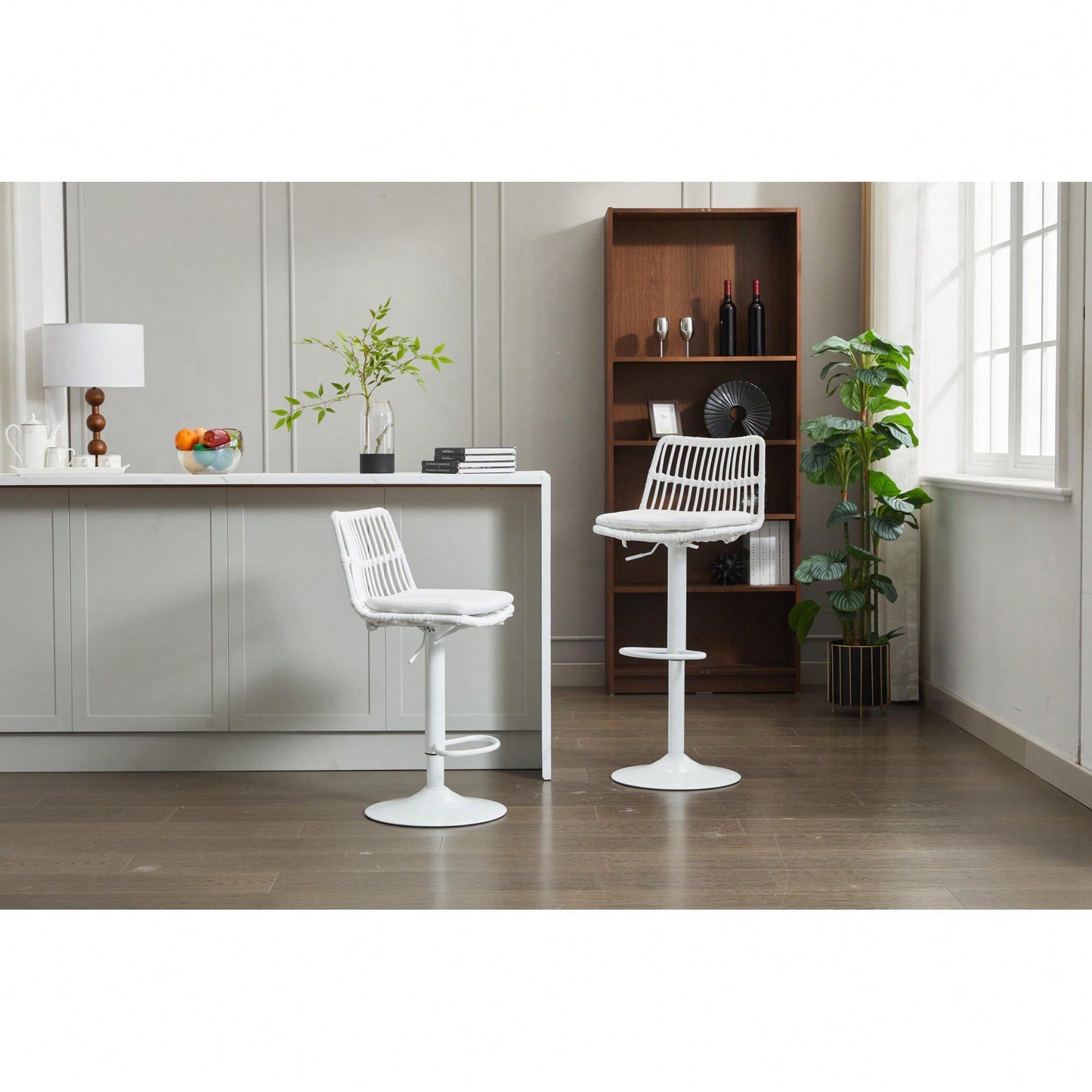 Set Of 2 360 Swivel Rattan Bar Stools With Footrest For Kitchen And Dining Room Counter Height Seating
