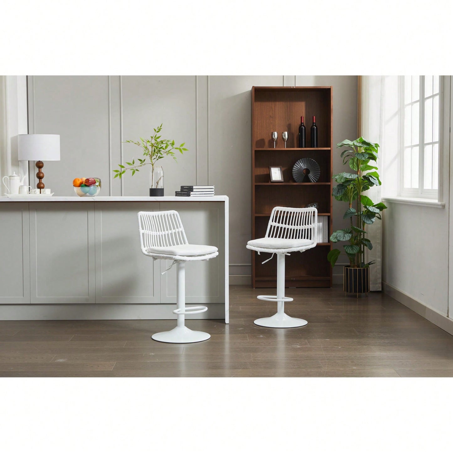 Set Of 2 360 Swivel Rattan Bar Stools With Footrest For Kitchen And Dining Room Counter Height Seating
