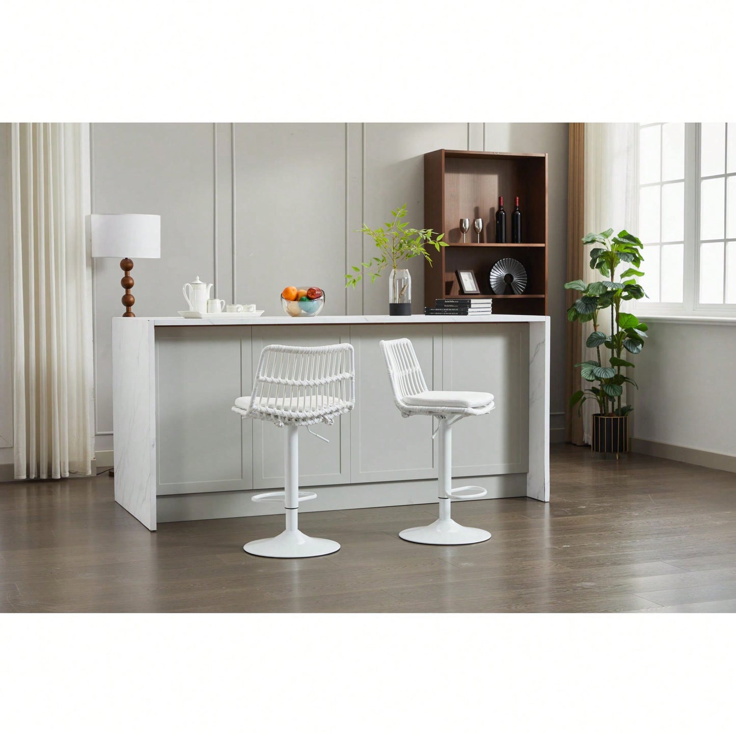 Set Of 2 360 Swivel Rattan Bar Stools With Footrest For Kitchen And Dining Room Counter Height Seating