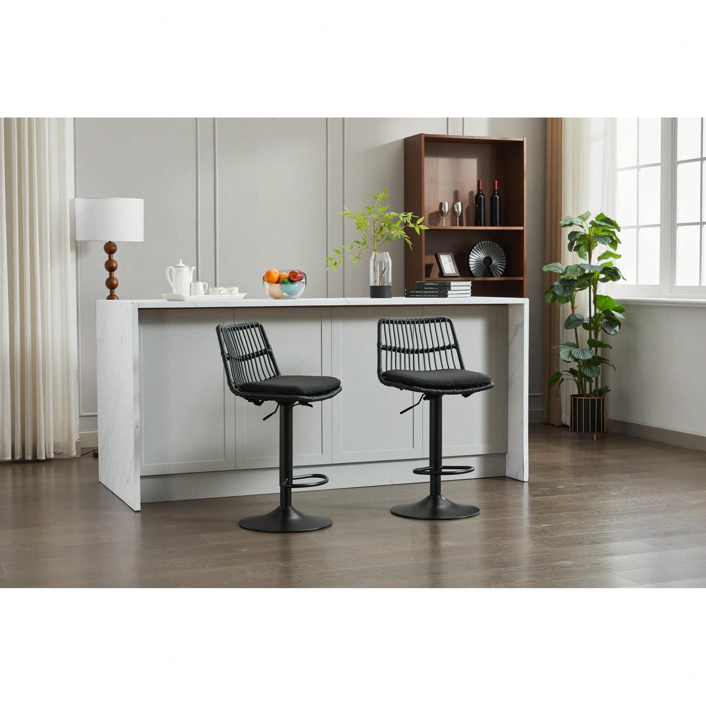 Set Of 2 360 Swivel Rattan Bar Stools With Footrest For Kitchen And Dining Room Counter Height Seating