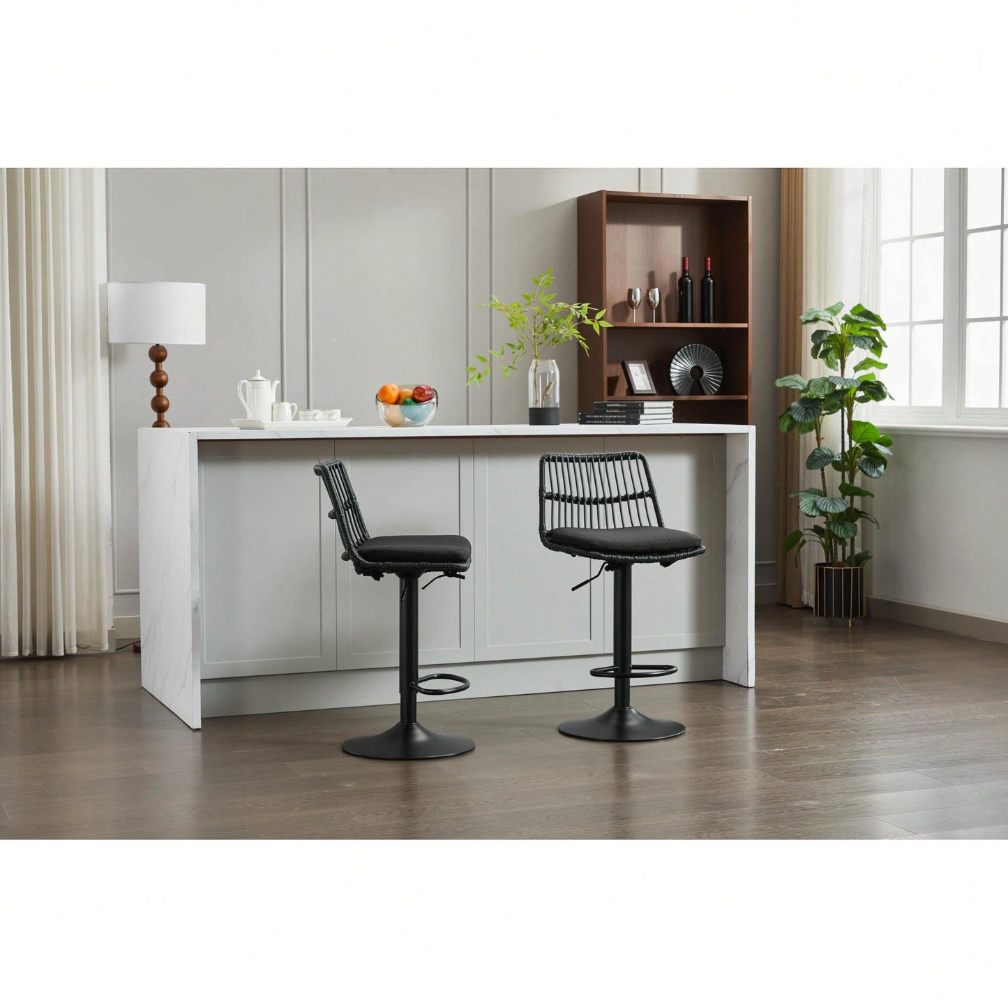 Set Of 2 360 Swivel Rattan Bar Stools With Footrest For Kitchen And Dining Room Counter Height Seating