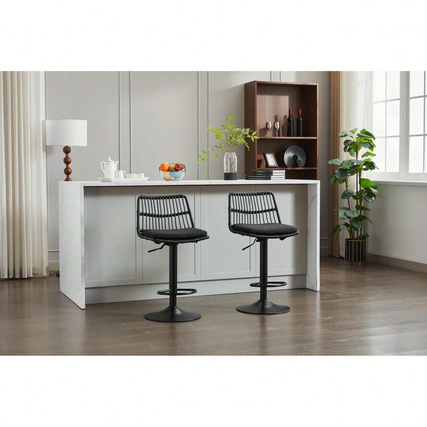Set Of 2 360 Swivel Rattan Bar Stools With Footrest For Kitchen And Dining Room Counter Height Seating