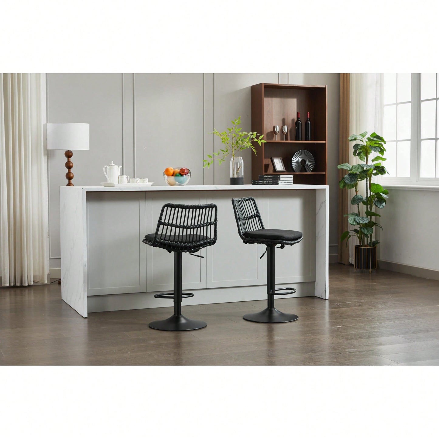 Set Of 2 360 Swivel Rattan Bar Stools With Footrest For Kitchen And Dining Room Counter Height Seating