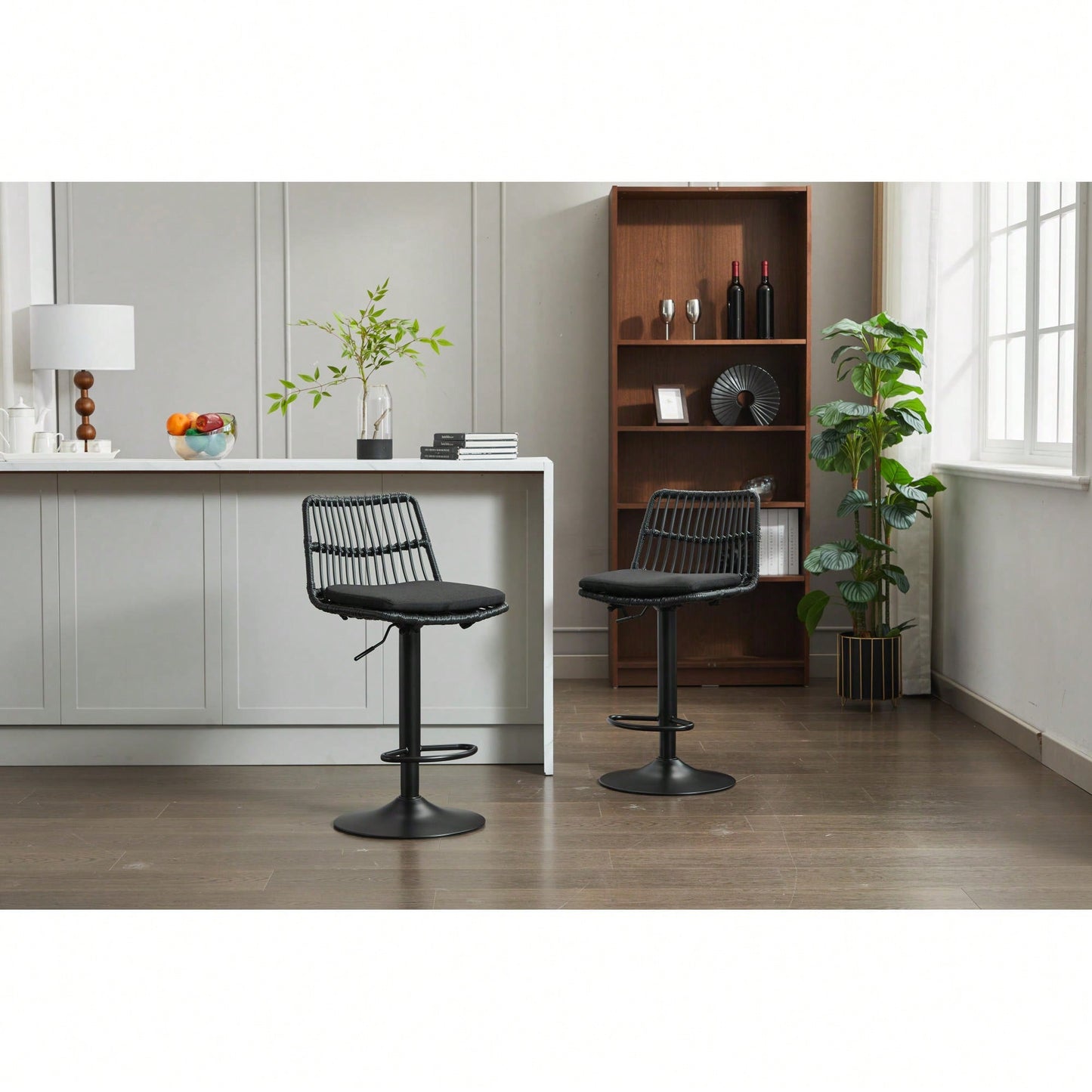 Set Of 2 360 Swivel Rattan Bar Stools With Footrest For Kitchen And Dining Room Counter Height Seating