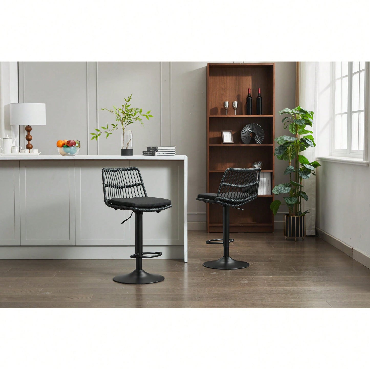 Set Of 2 360 Swivel Rattan Bar Stools With Footrest For Kitchen And Dining Room Counter Height Seating