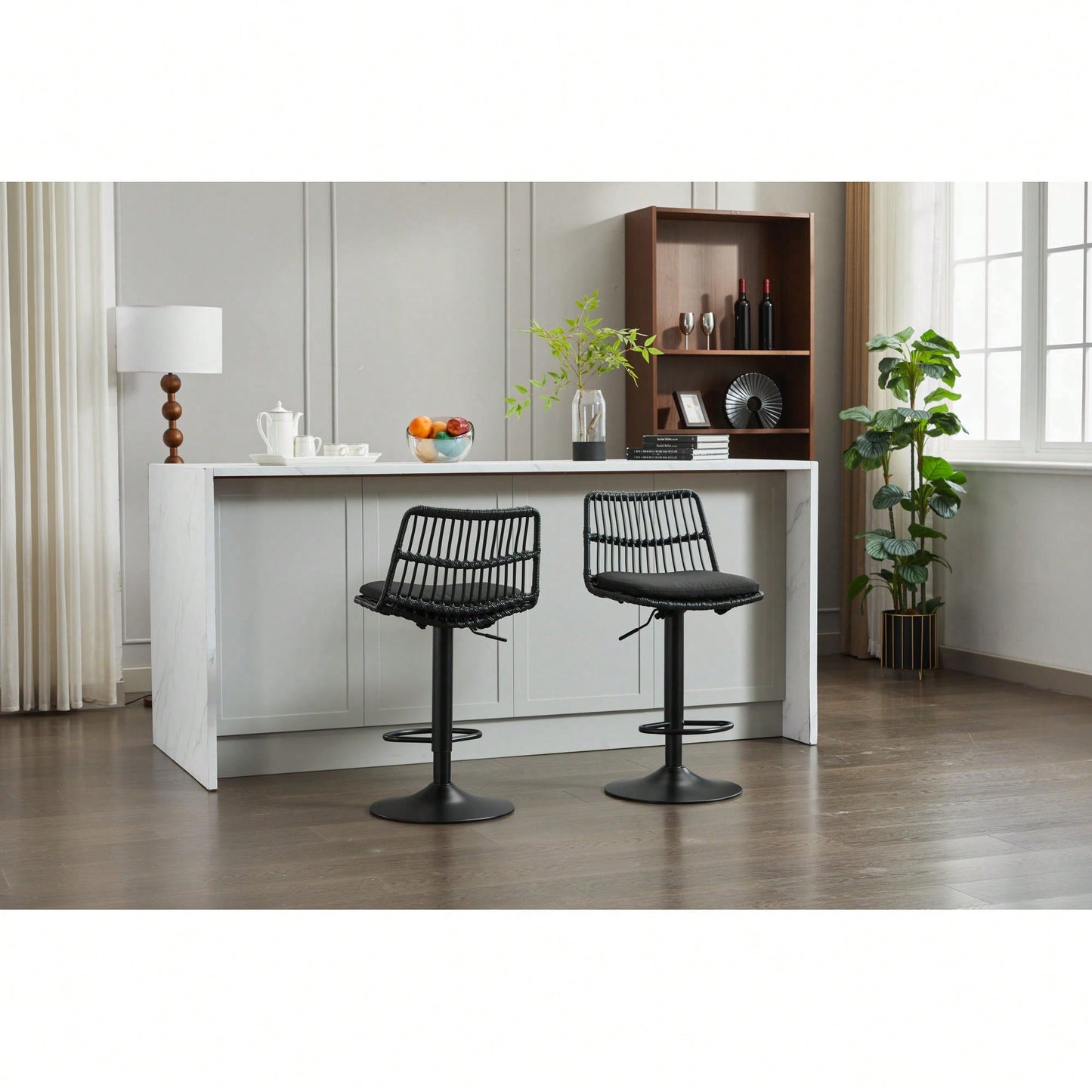 Set Of 2 360 Swivel Rattan Bar Stools With Footrest For Kitchen And Dining Room Counter Height Seating