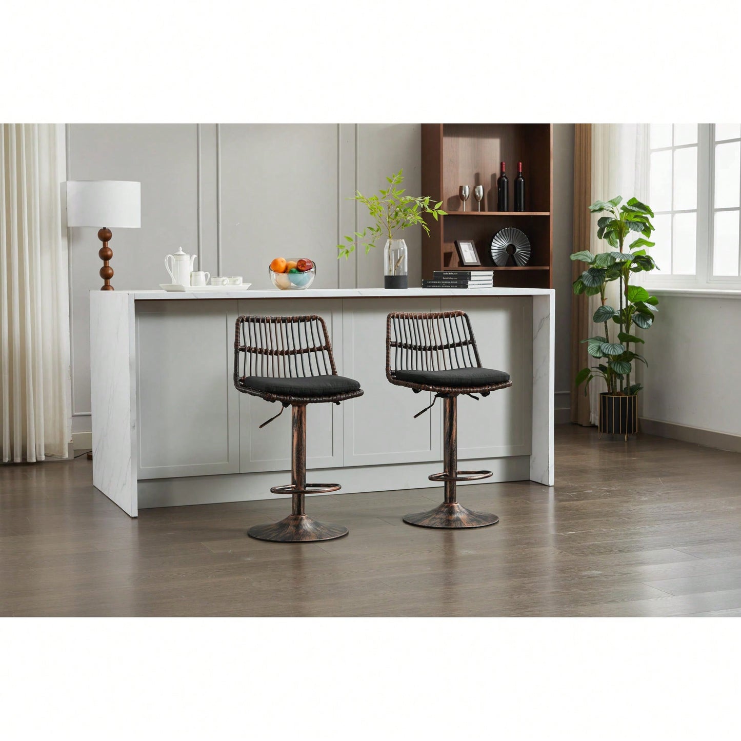 Set Of 2 360 Swivel Rattan Bar Stools With Footrest For Kitchen And Dining Room Counter Height Seating
