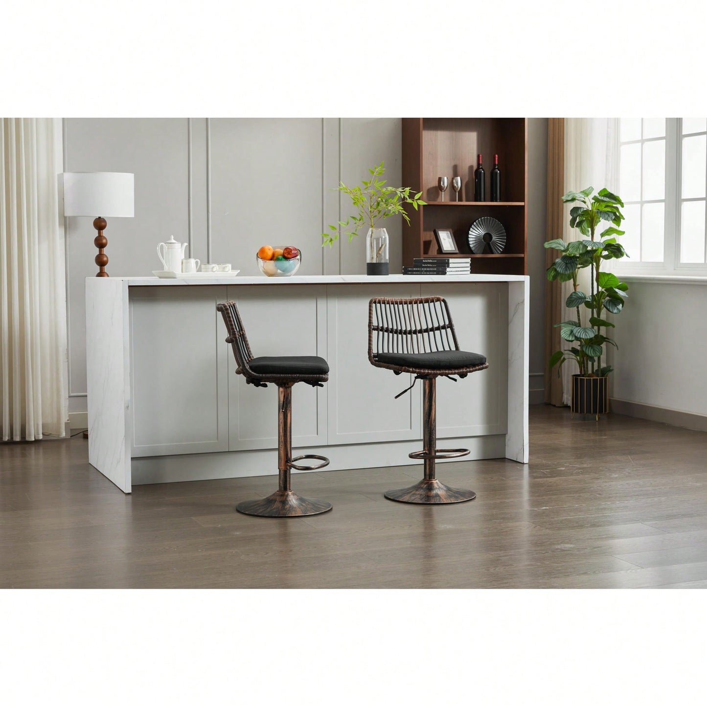 Set Of 2 360 Swivel Rattan Bar Stools With Footrest For Kitchen And Dining Room Counter Height Seating