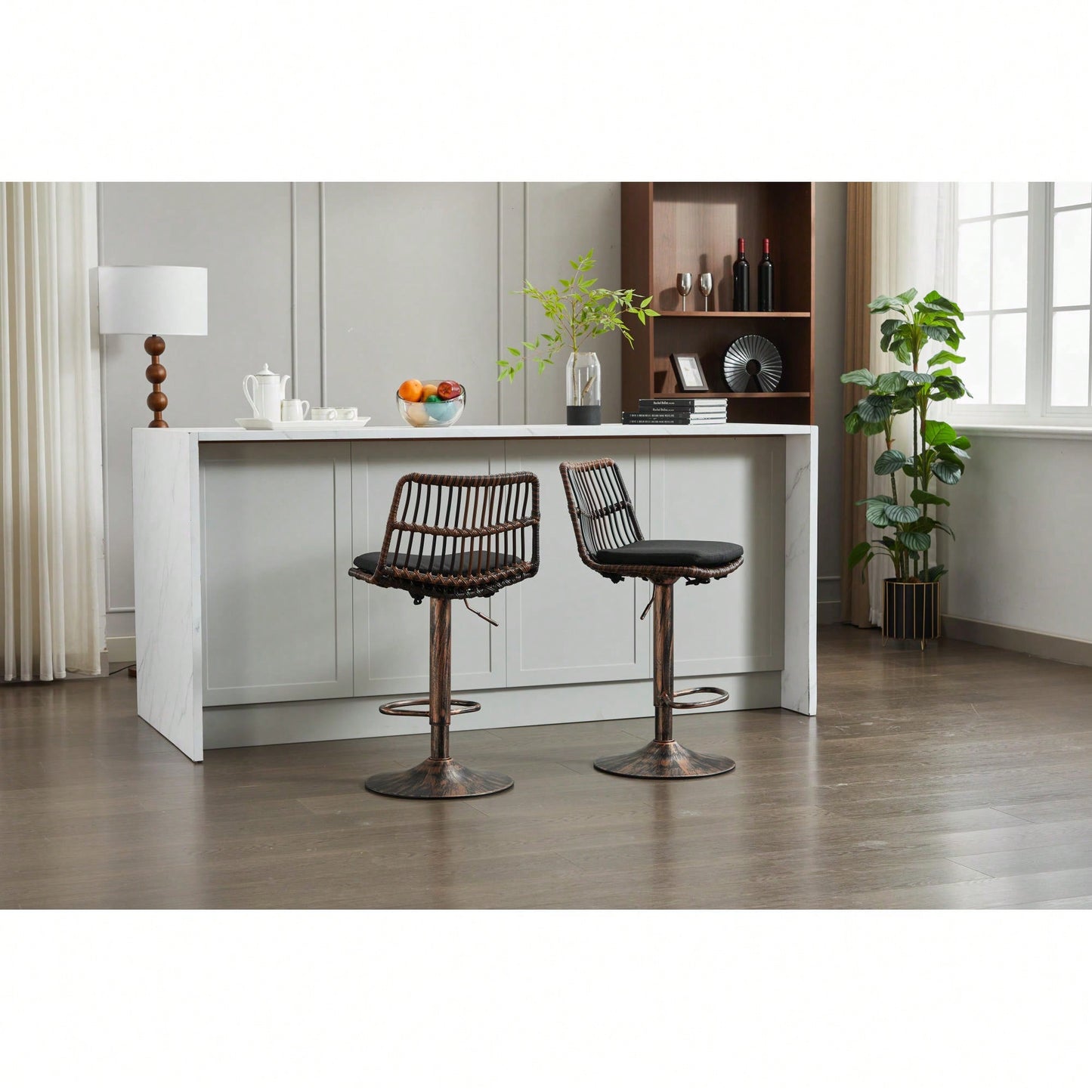 Set Of 2 360 Swivel Rattan Bar Stools With Footrest For Kitchen And Dining Room Counter Height Seating