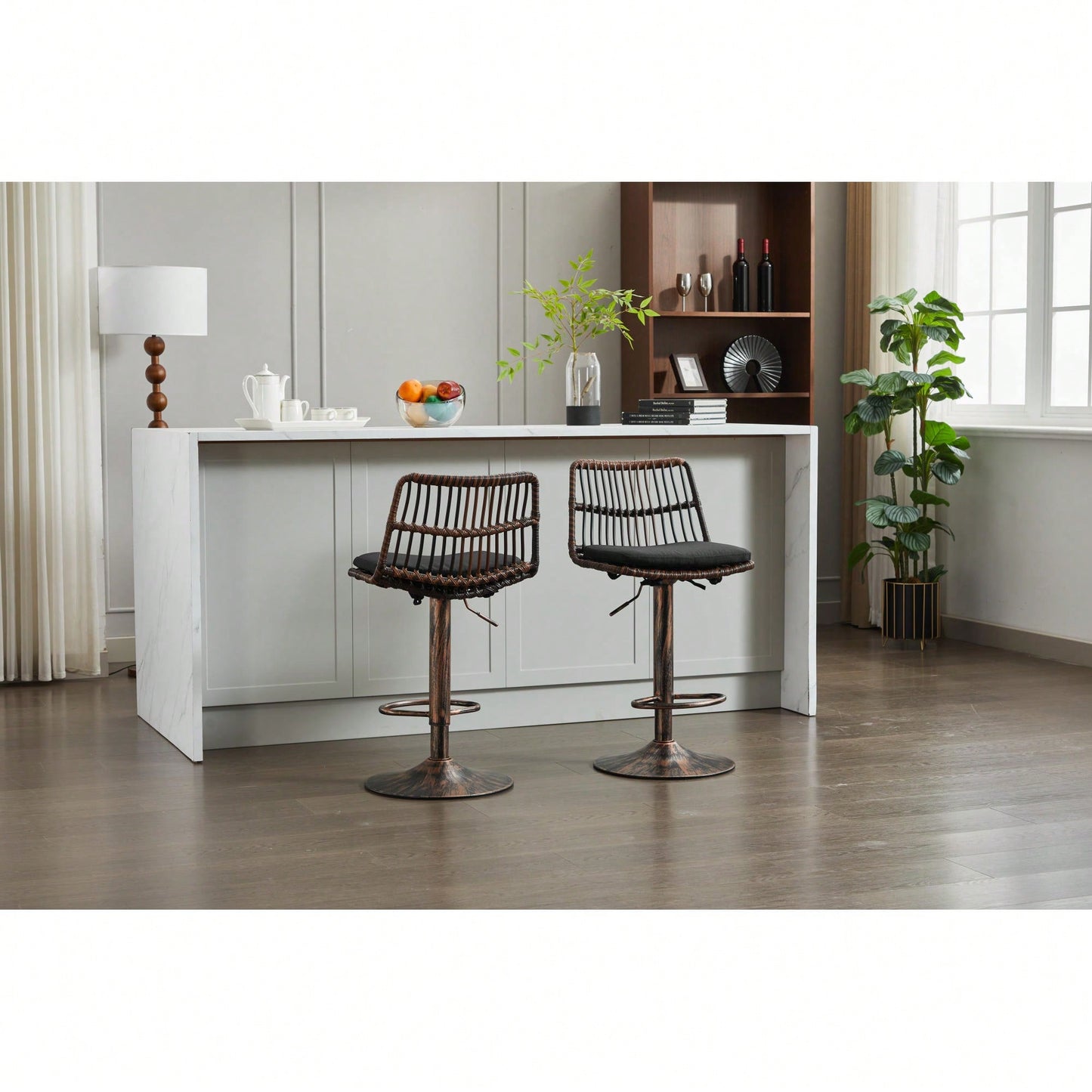 Set Of 2 360 Swivel Rattan Bar Stools With Footrest For Kitchen And Dining Room Counter Height Seating