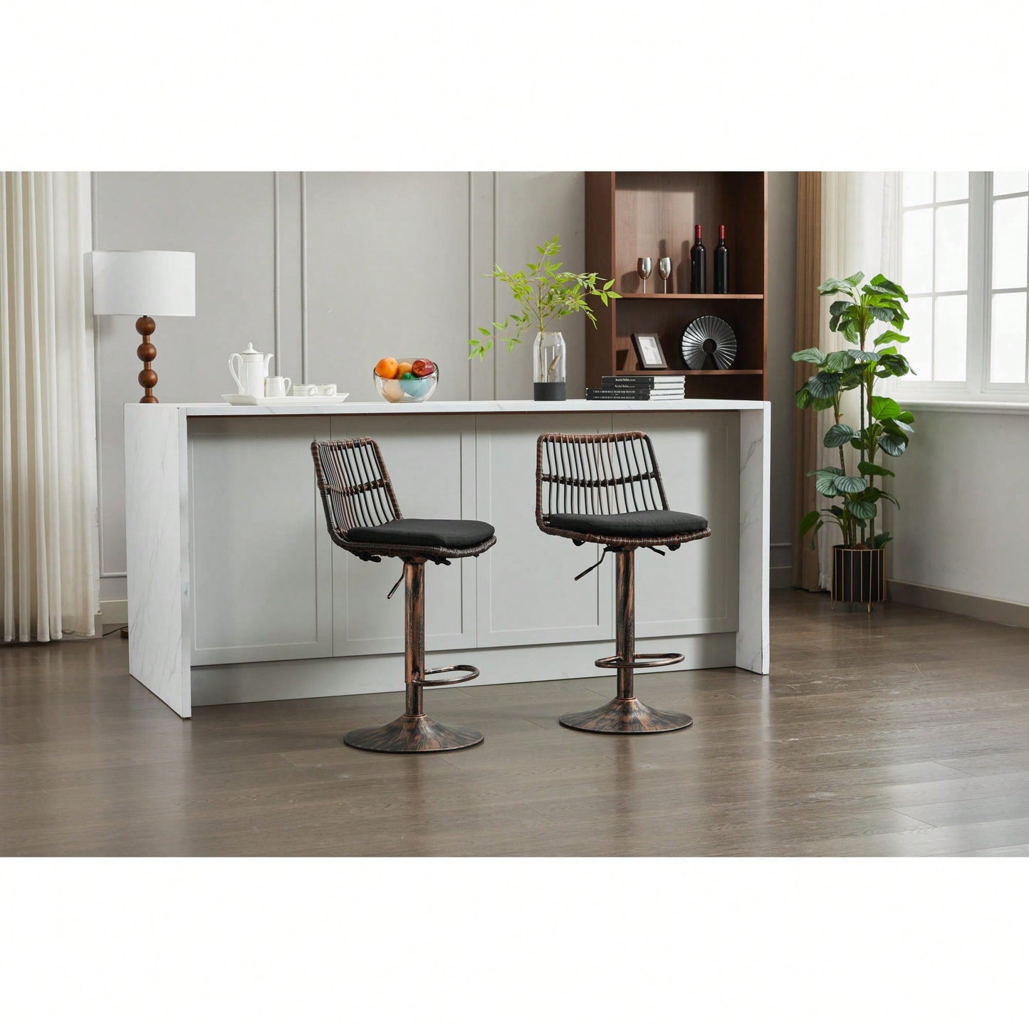 Set Of 2 360 Swivel Rattan Bar Stools With Footrest For Kitchen And Dining Room Counter Height Seating