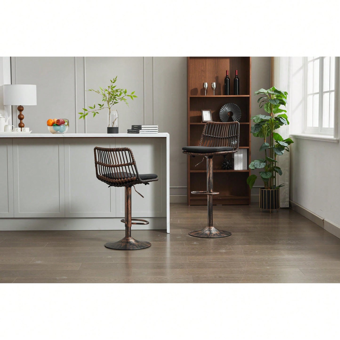 Set Of 2 360 Swivel Rattan Bar Stools With Footrest For Kitchen And Dining Room Counter Height Seating