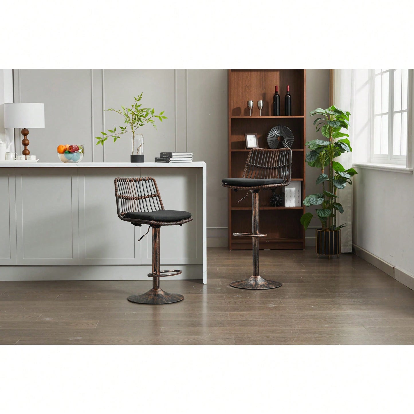 Set Of 2 360 Swivel Rattan Bar Stools With Footrest For Kitchen And Dining Room Counter Height Seating