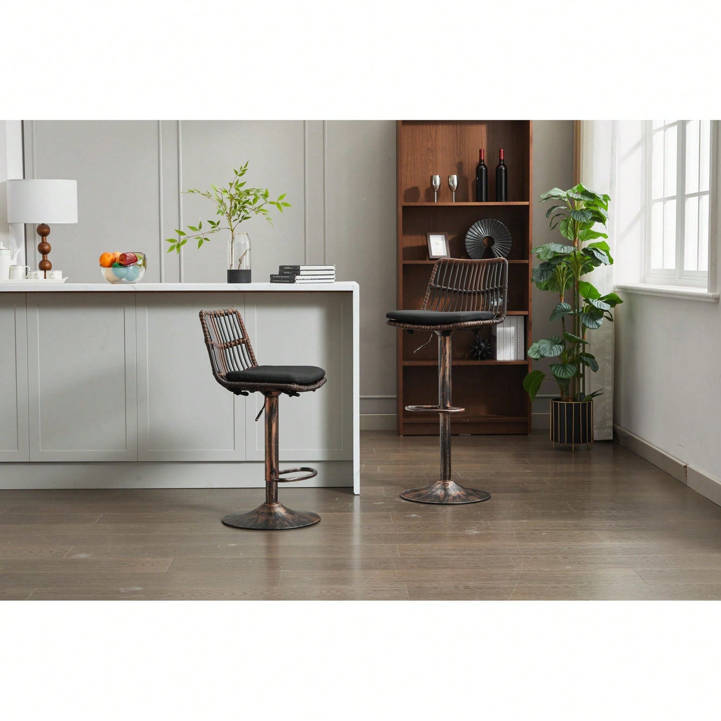 Set Of 2 360 Swivel Rattan Bar Stools With Footrest For Kitchen And Dining Room Counter Height Seating