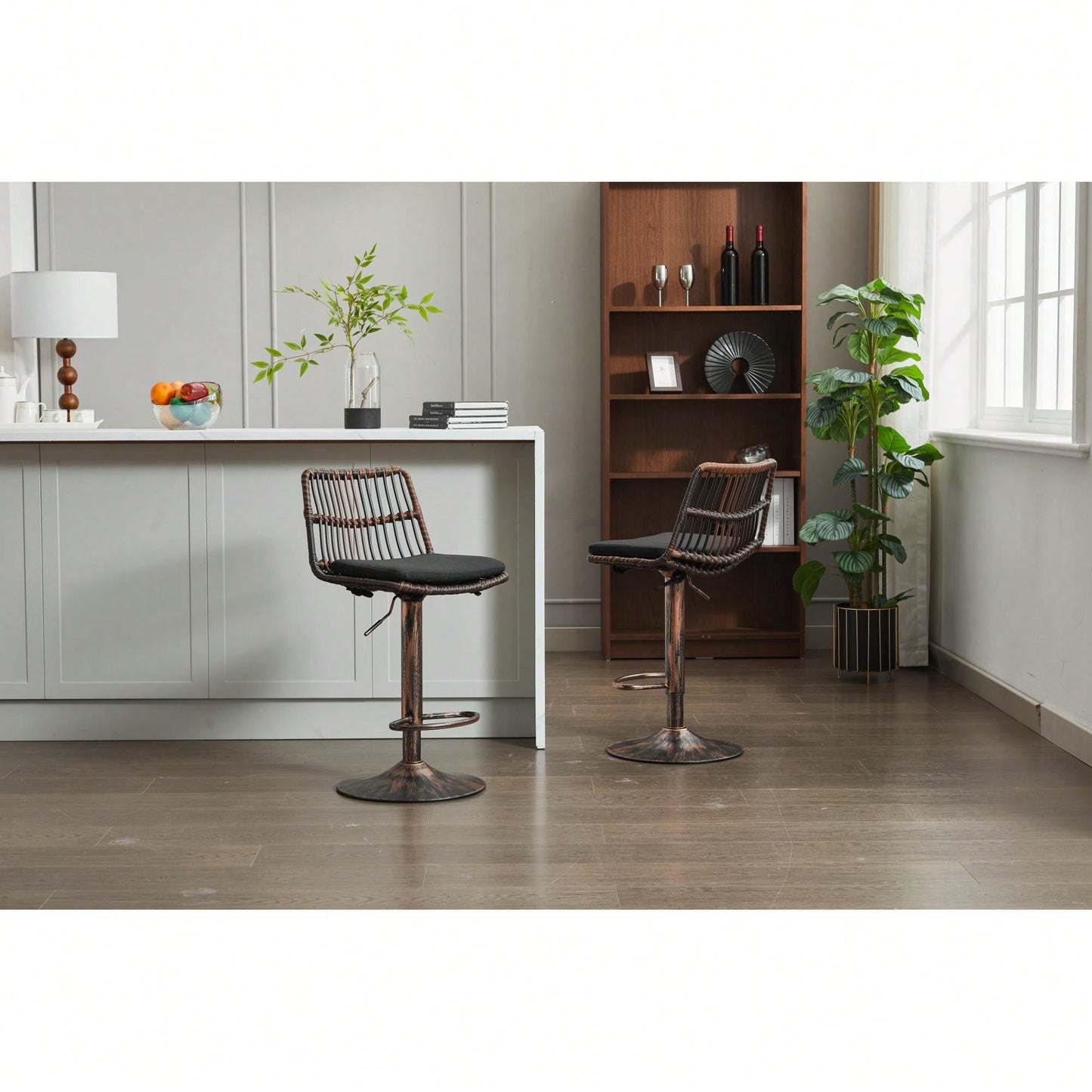 Set Of 2 360 Swivel Rattan Bar Stools With Footrest For Kitchen And Dining Room Counter Height Seating
