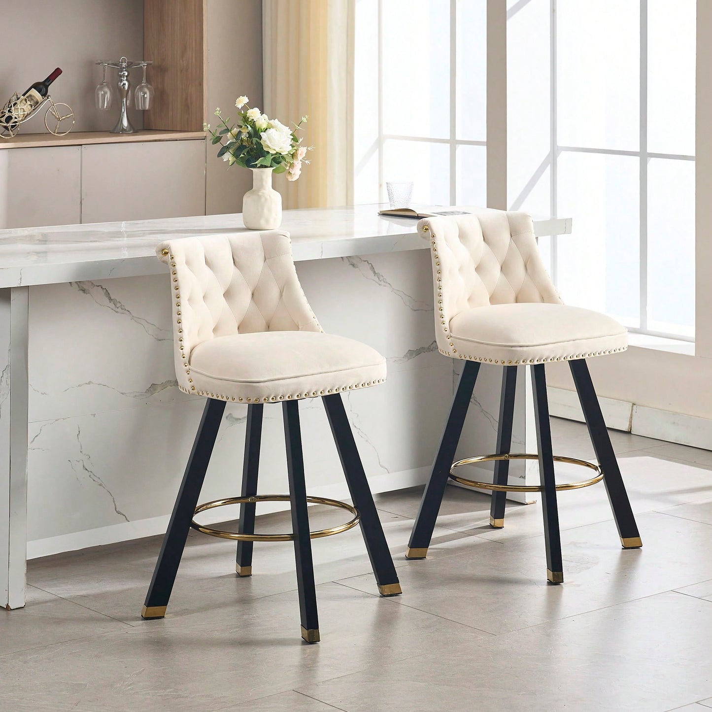 Set Of 2 Velvet Bar Chairs With 360 Degree Rotation And Detachable Back Pull Loop, Square Foot Wooden Base And Rivet Decoration