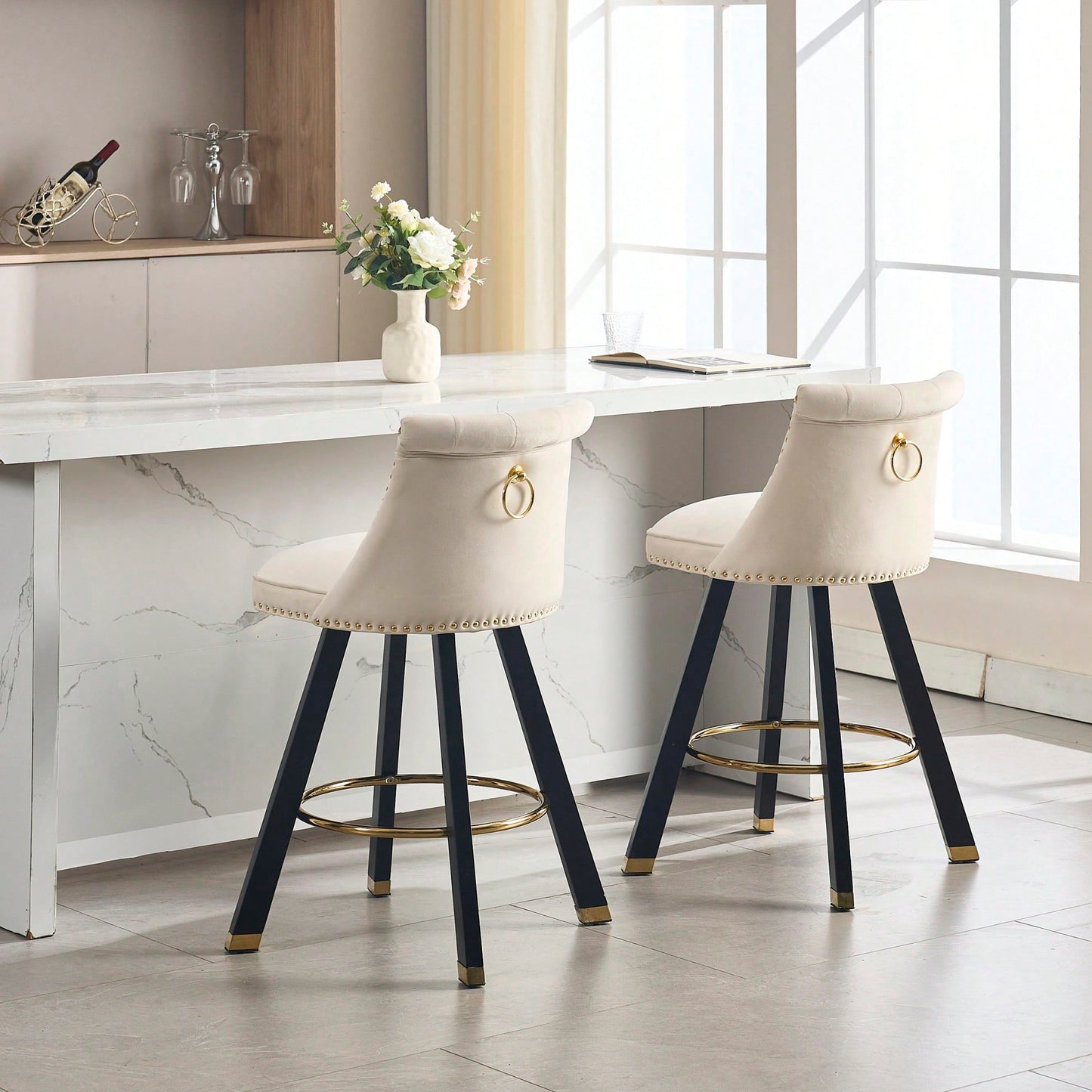 Set Of 2 Velvet Bar Chairs With 360 Degree Rotation And Detachable Back Pull Loop, Square Foot Wooden Base And Rivet Decoration