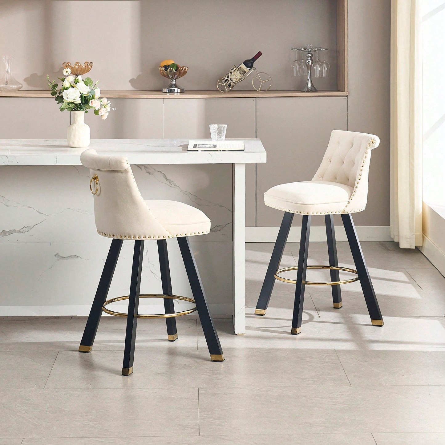 Set Of 2 Velvet Bar Chairs With 360 Degree Rotation And Detachable Back Pull Loop, Square Foot Wooden Base And Rivet Decoration