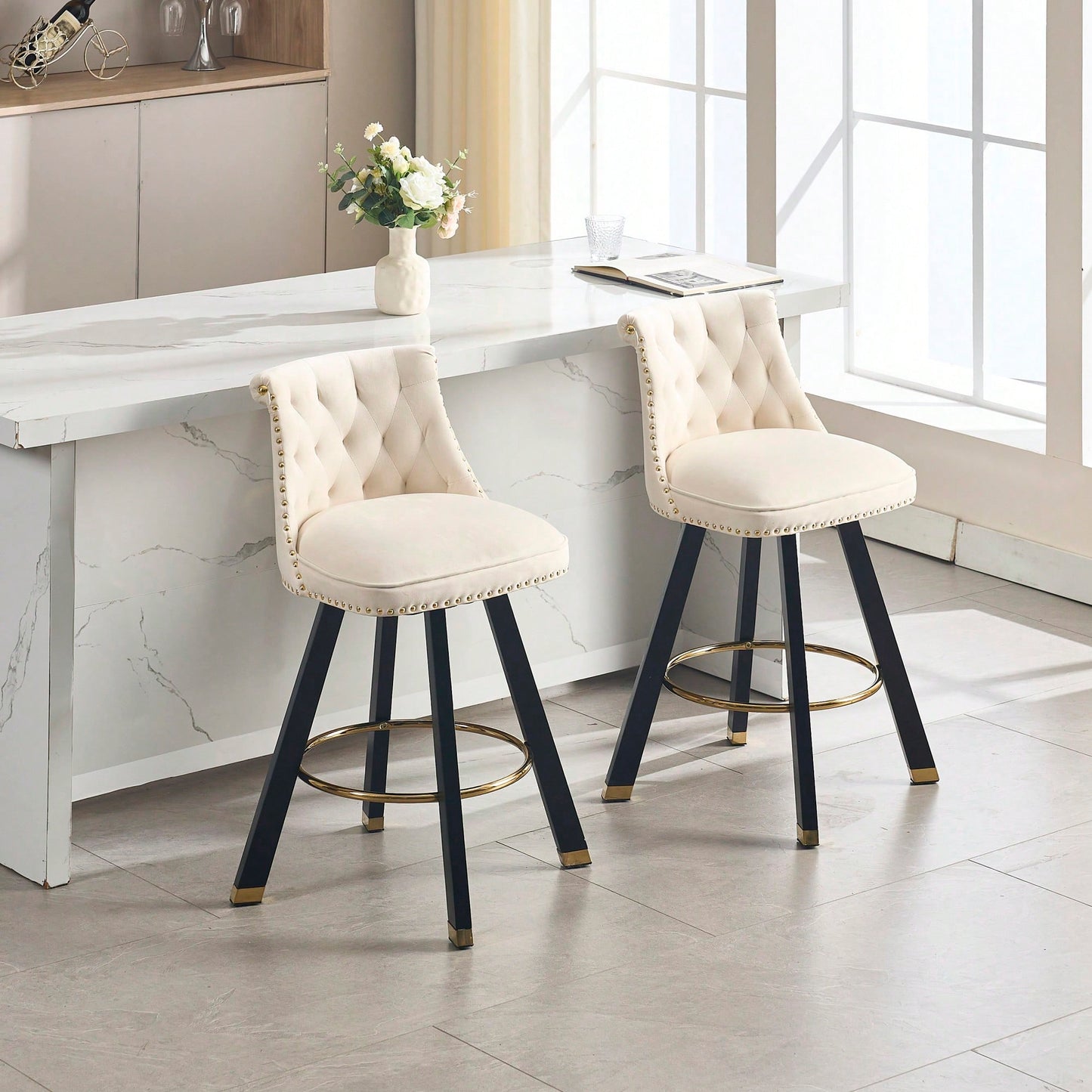 Set Of 2 Velvet Bar Chairs With 360 Degree Rotation And Detachable Back Pull Loop, Square Foot Wooden Base And Rivet Decoration