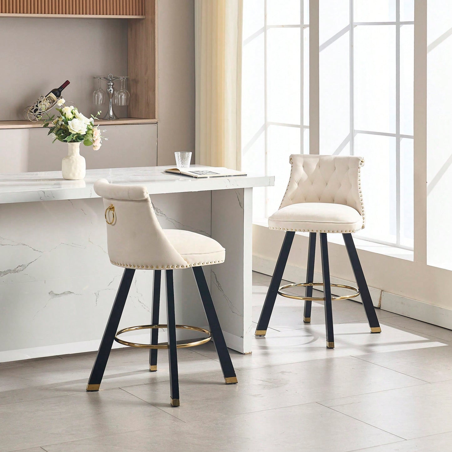 Set Of 2 Velvet Bar Chairs With 360 Degree Rotation And Detachable Back Pull Loop, Square Foot Wooden Base And Rivet Decoration