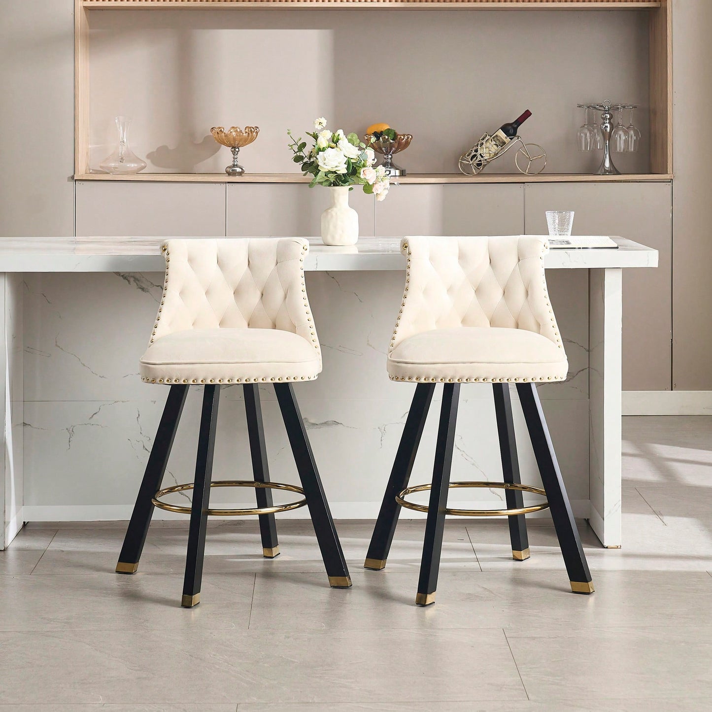 Set Of 2 Velvet Bar Chairs With 360 Degree Rotation And Detachable Back Pull Loop, Square Foot Wooden Base And Rivet Decoration