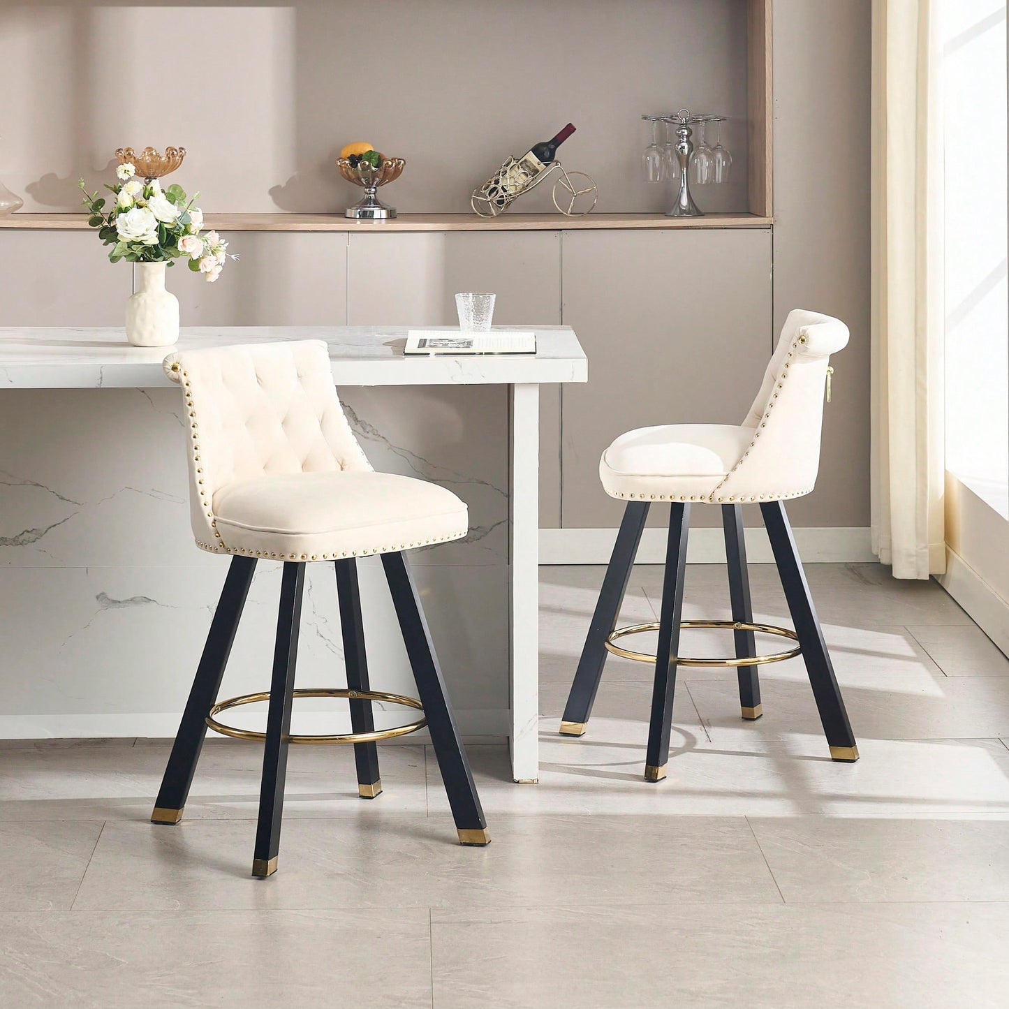 Set Of 2 Velvet Bar Chairs With 360 Degree Rotation And Detachable Back Pull Loop, Square Foot Wooden Base And Rivet Decoration