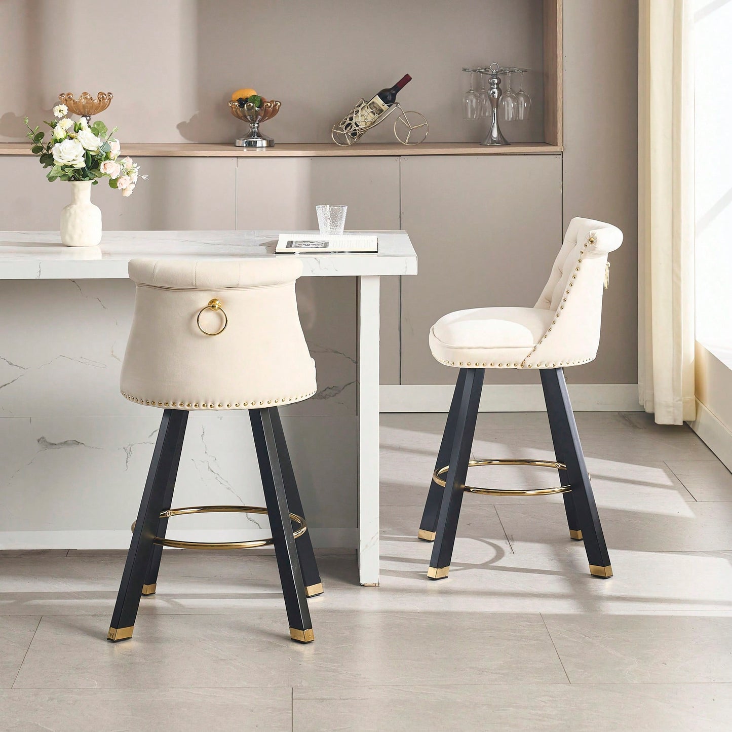 Set Of 2 Velvet Bar Chairs With 360 Degree Rotation And Detachable Back Pull Loop, Square Foot Wooden Base And Rivet Decoration