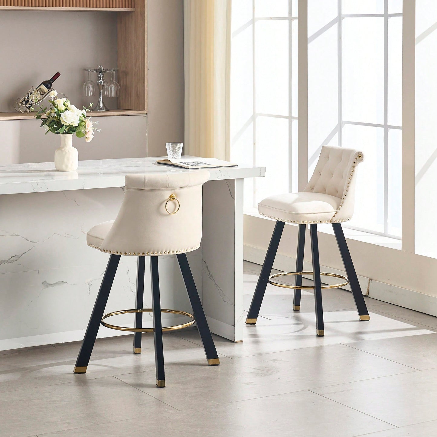 Set Of 2 Velvet Bar Chairs With 360 Degree Rotation And Detachable Back Pull Loop, Square Foot Wooden Base And Rivet Decoration