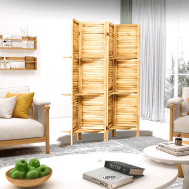 Natural Wood 4 Panel Room Divider With Shelves For Stylish Space Partitioning And Display