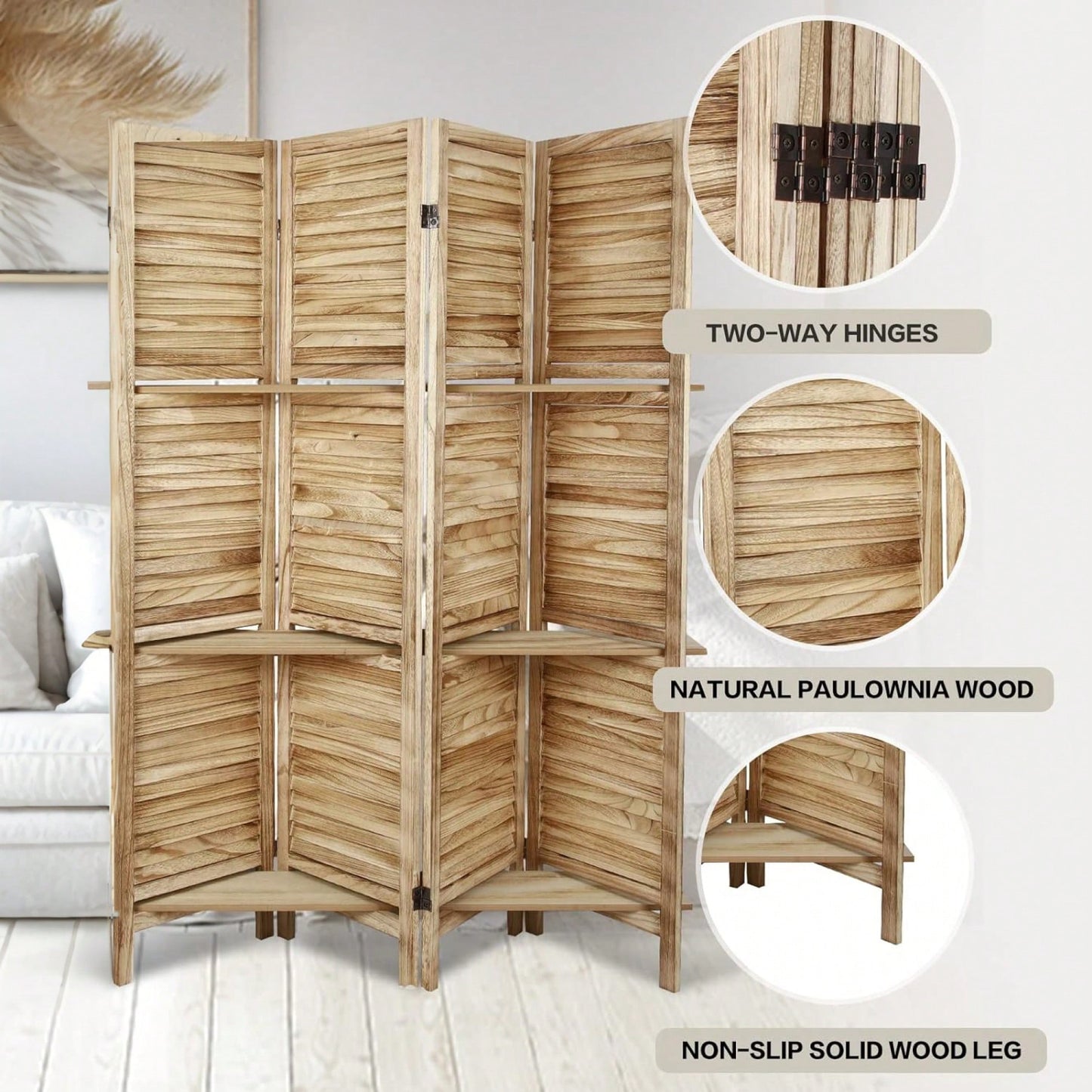Natural Wood 4 Panel Room Divider With Shelves For Stylish Space Partitioning And Display