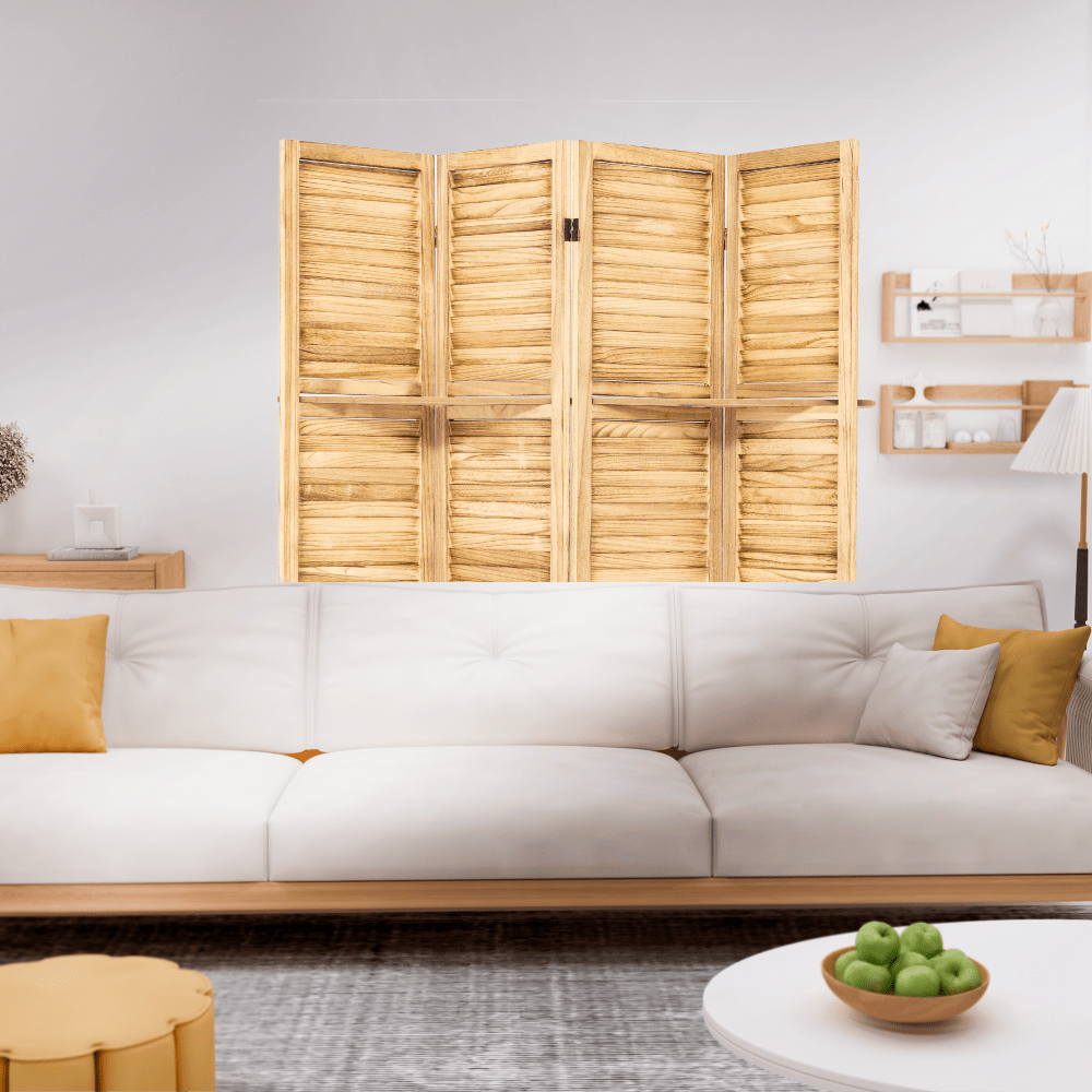 Natural Wood 4 Panel Room Divider With Shelves For Stylish Space Partitioning And Display