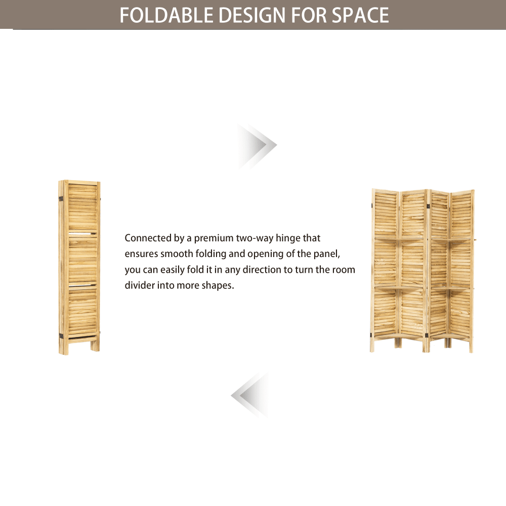 Natural Wood 4 Panel Room Divider With Shelves For Stylish Space Partitioning And Display